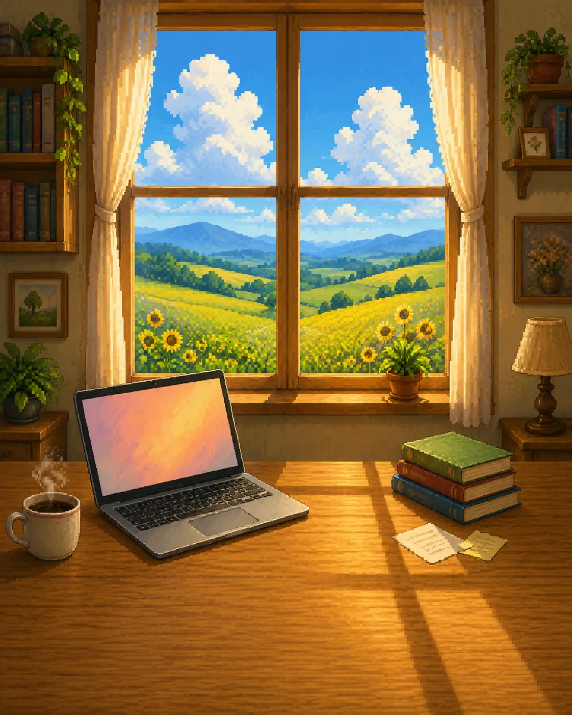Meja kerja pixel art dengan laptop dan kopi, menghadap jendela ke ladang bunga matahari